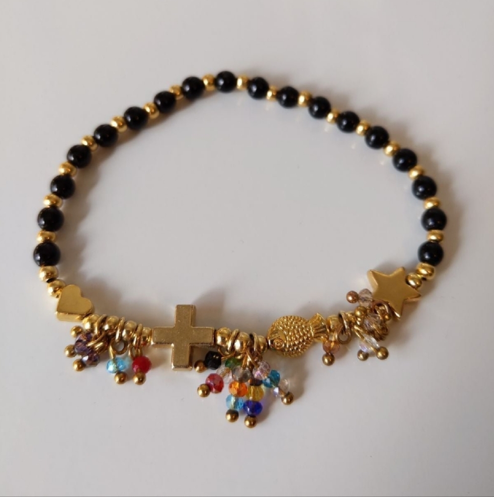 Life of Jesus Gold and Black Beaded Charm Bracelet